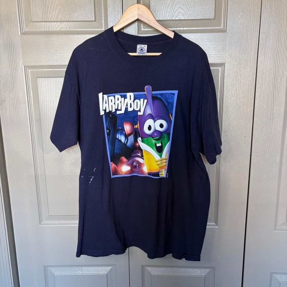 Vintage VeggieTales Larry Boy Shirt Mens XL Navy Blue Delta Promo Tee Rare